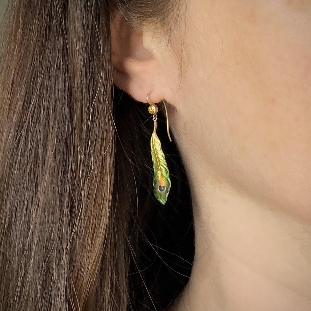 14k Gold Peacock Feather Earrings | Antique Pin Conversion Earrings - Trademark Antiques