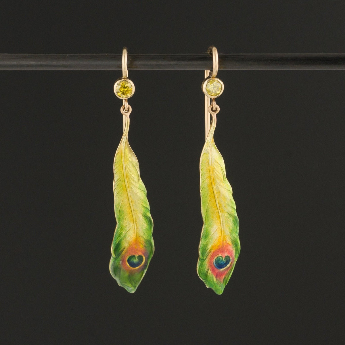 14k Gold Peacock Feather Earrings | Antique Pin Conversion Earrings - Trademark Antiques