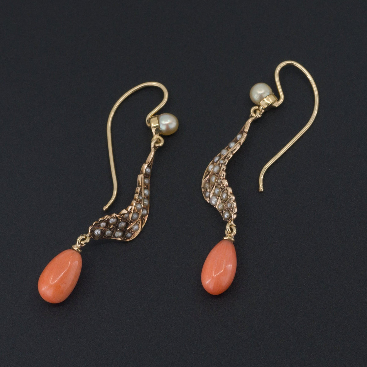 14k Gold Pearl Wing Earrings | Antique Pin Conversion Earrings - Trademark Antiques