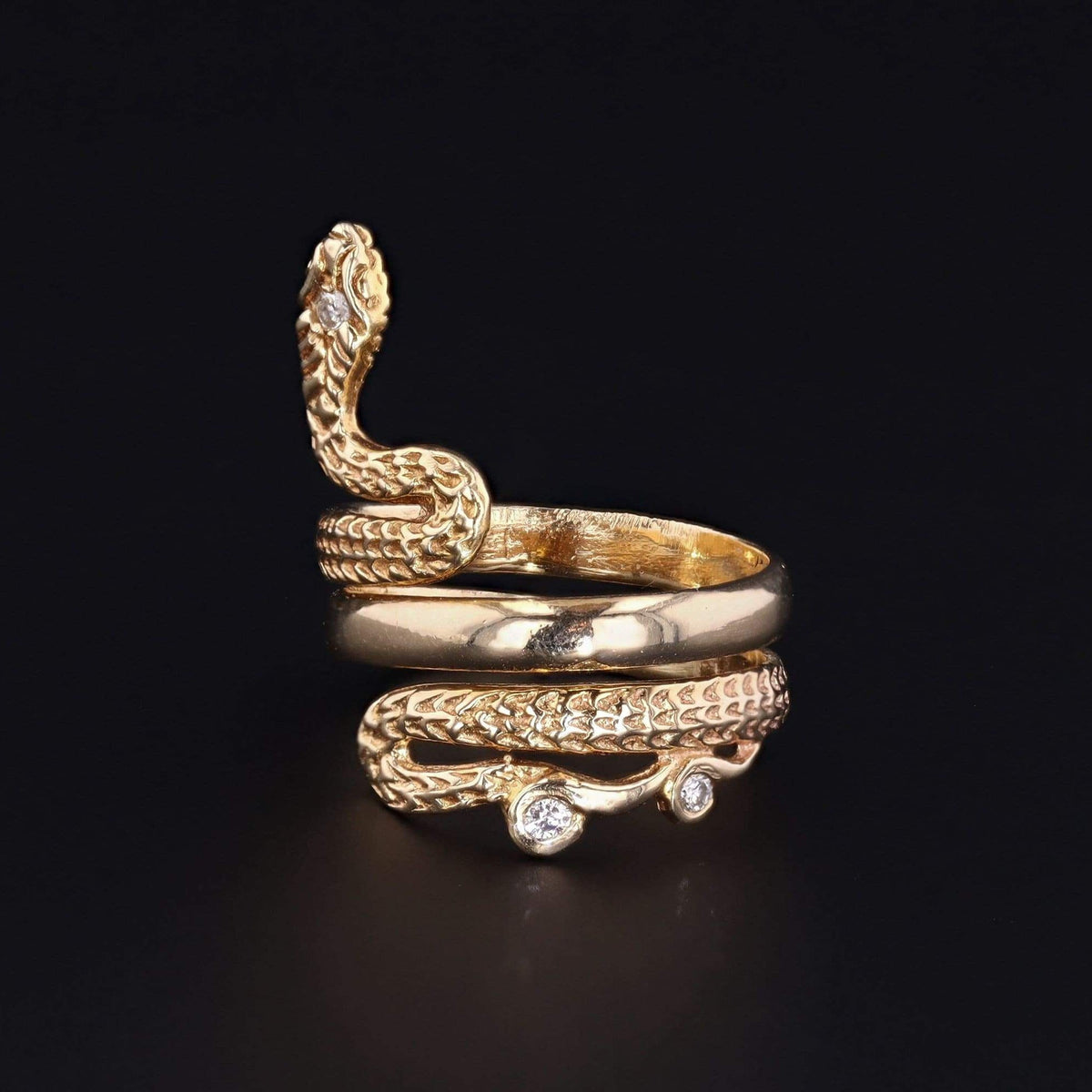 14k Gold Snake With Diamond Head Ring | Vintage 14k Gold Snake Ring - Trademark Antiques