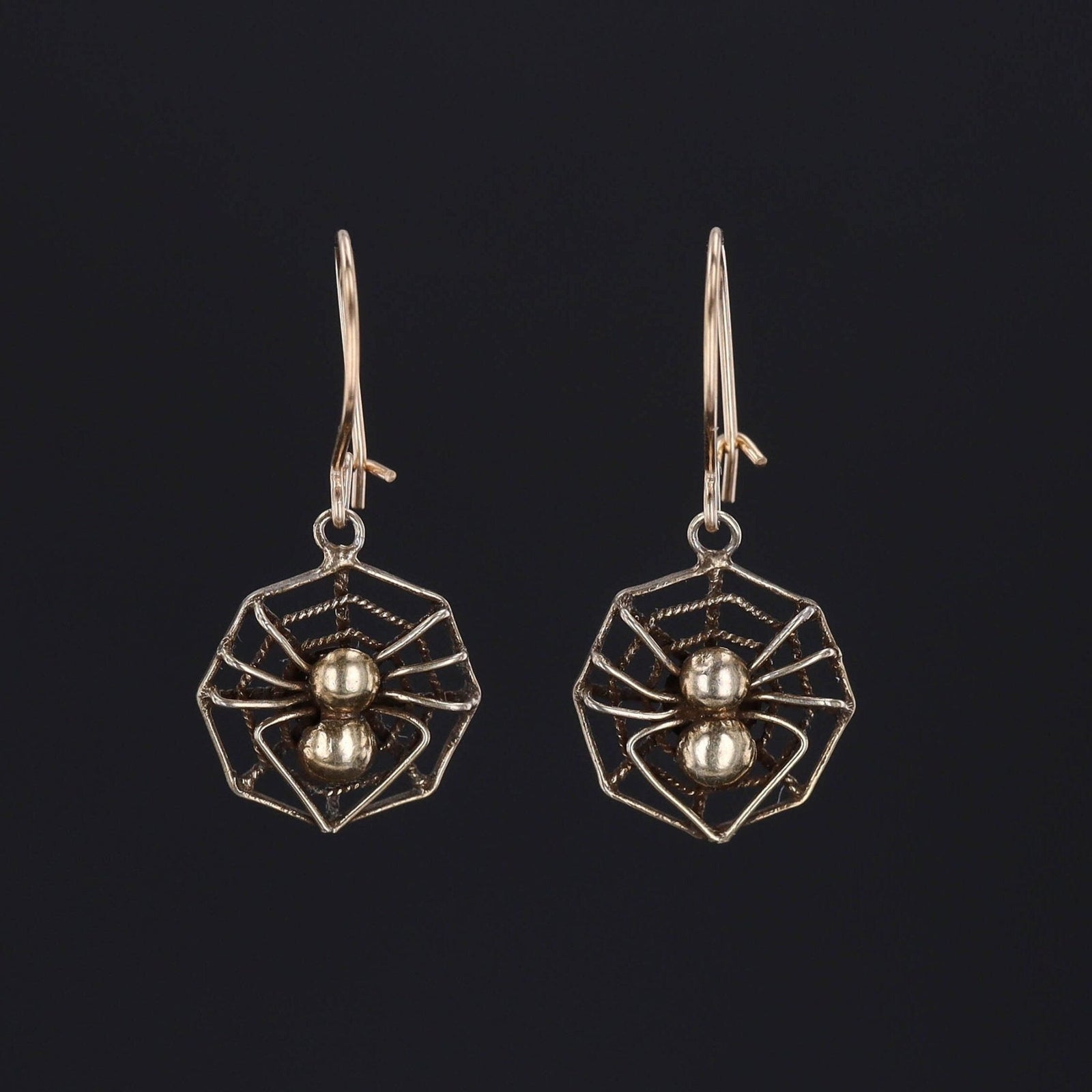 14k Gold Spider Earrings | Vintage Spider on Web Earrings - Trademark Antiques