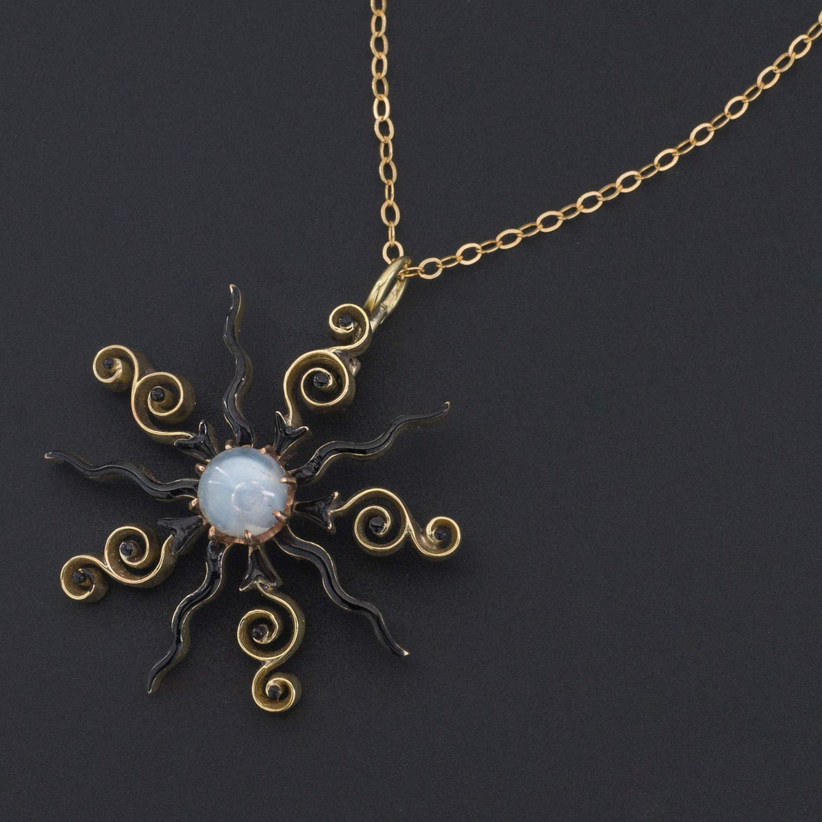 14k Gold Starburst Pendant | Moonstone and Enamel Pendant - Trademark Antiques