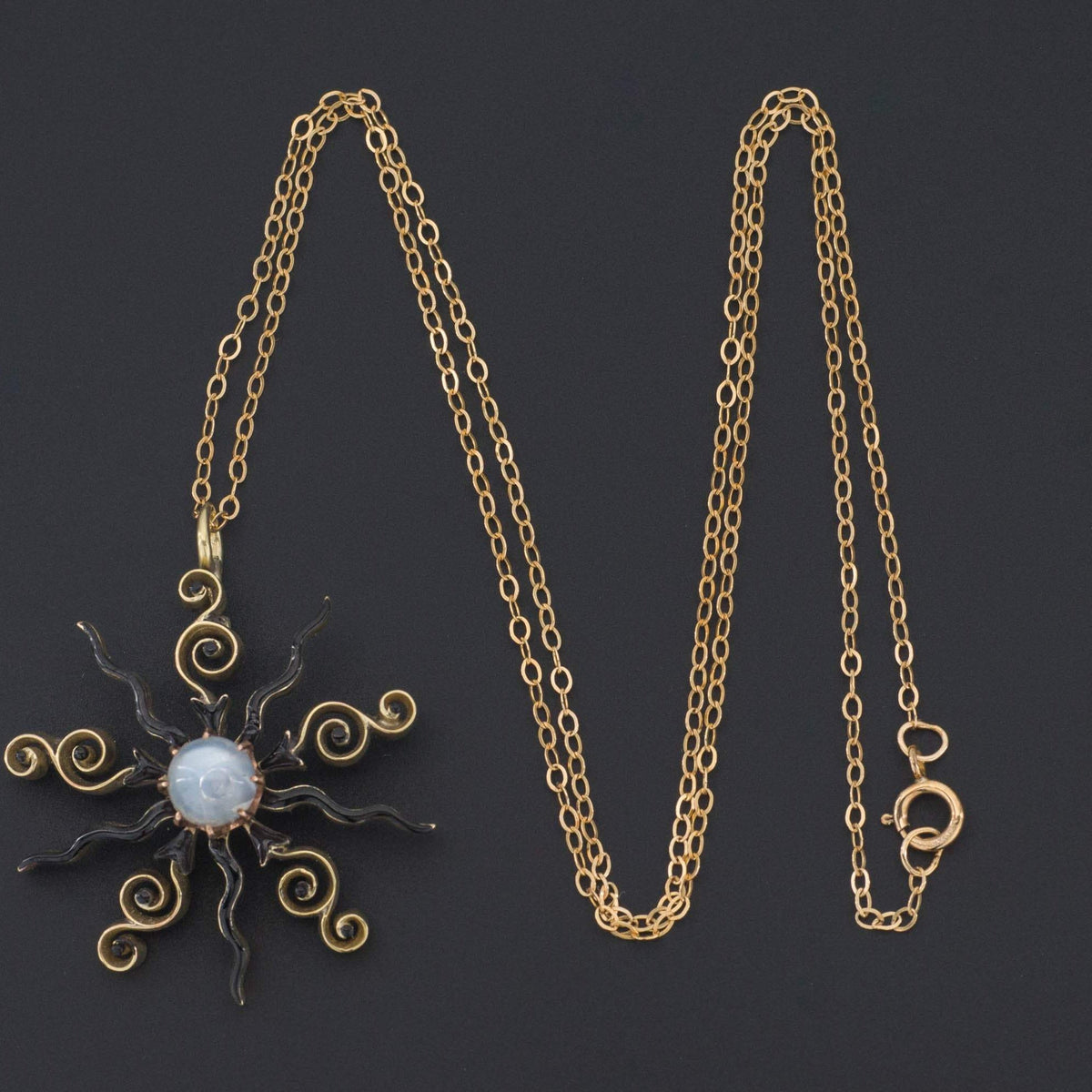 14k Gold Starburst Pendant | Moonstone and Enamel Pendant - Trademark Antiques