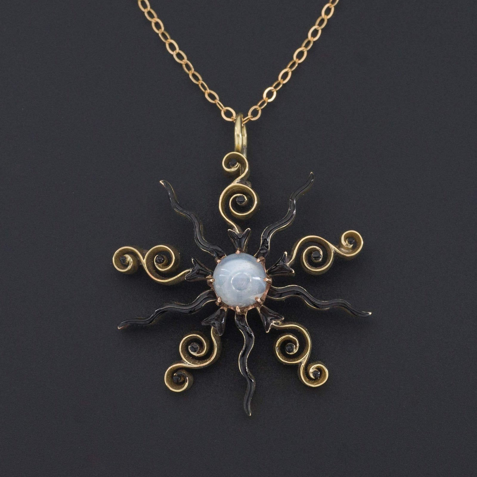 14k Gold Starburst Pendant | Moonstone and Enamel Pendant - Trademark Antiques