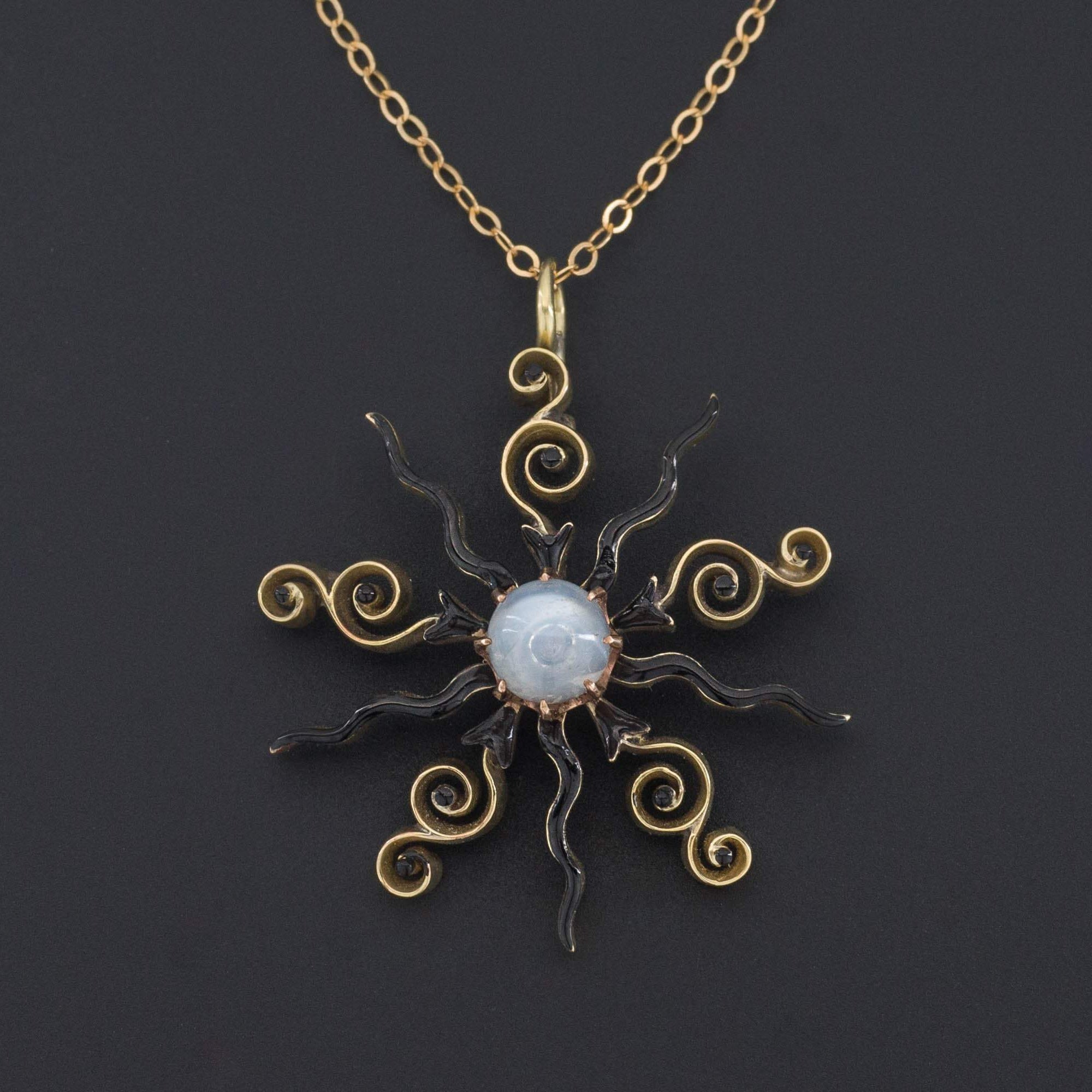 14k Gold Starburst Pendant | Moonstone and Enamel Pendant - Trademark Antiques
