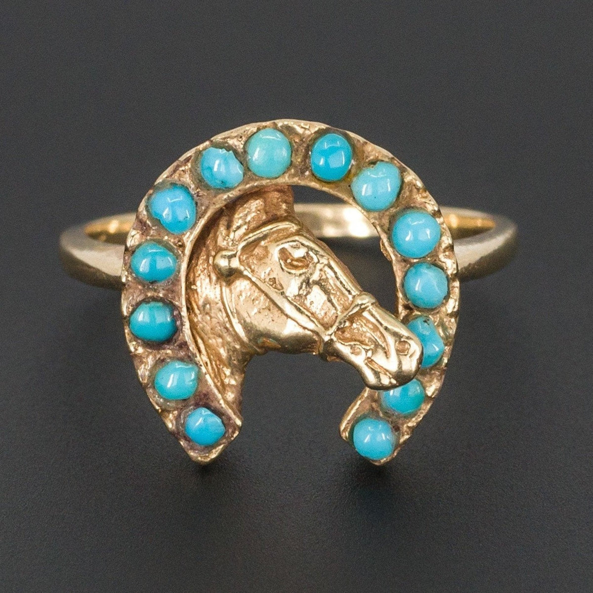 14k Gold &amp; Turquoise Horse and Horseshoe Ring | Lucky Horseshoe Ring - Trademark Antiques