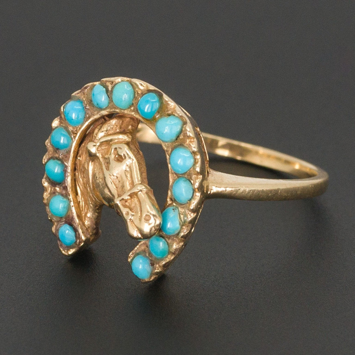 14k Gold &amp; Turquoise Horse and Horseshoe Ring | Lucky Horseshoe Ring - Trademark Antiques