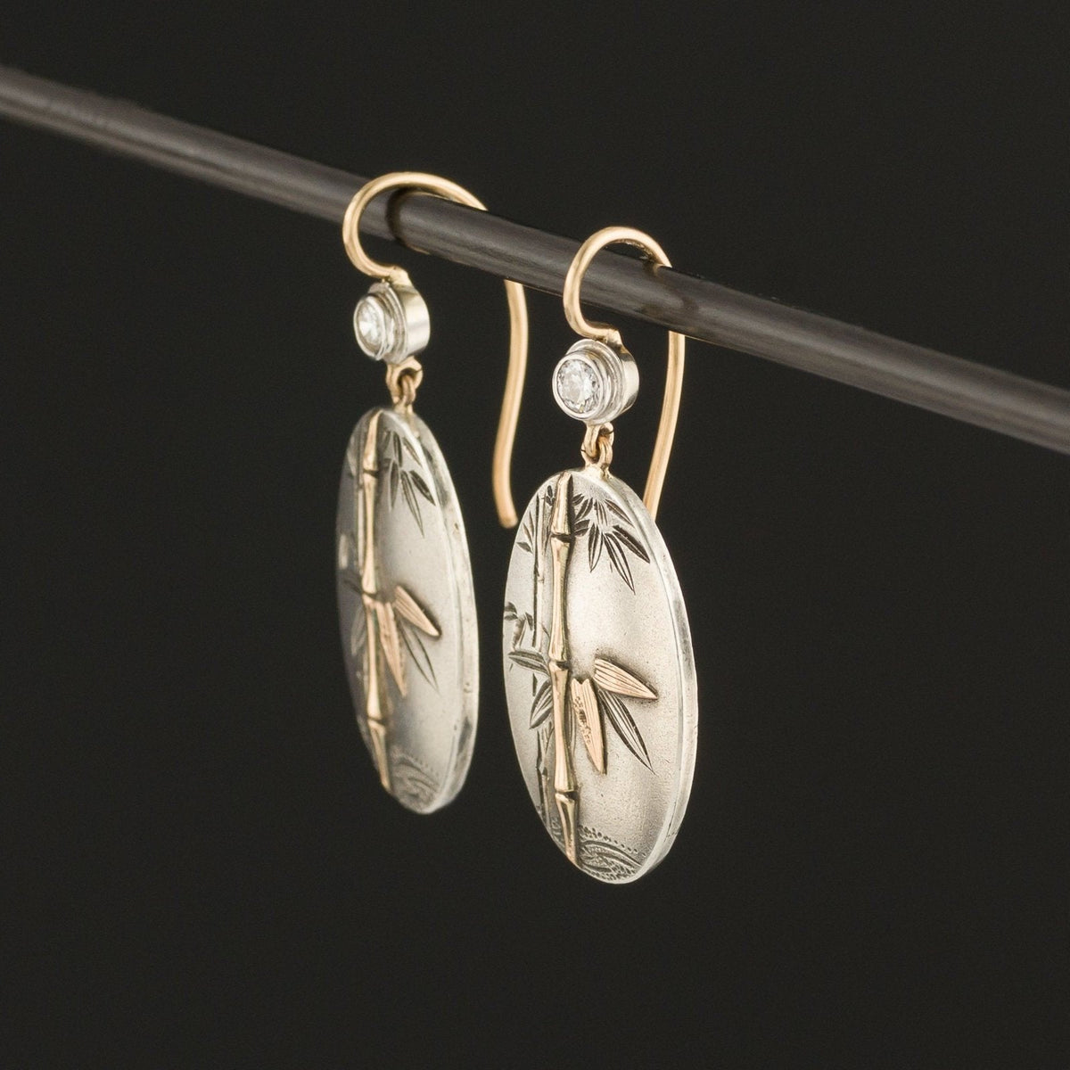 14k Rose Gold &amp; Silver Earrings| Japanese Bamboo Earrings - Trademark Antiques