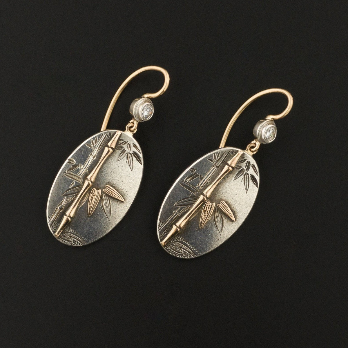 14k Rose Gold &amp; Silver Earrings| Japanese Bamboo Earrings - Trademark Antiques