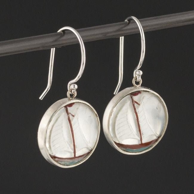 14k White Gold &amp; Silver Sailboat Earrings | Vintage Cufflink Conversion Earrings - Trademark Antiques