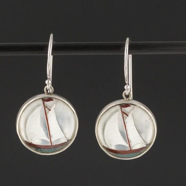 14k White Gold &amp; Silver Sailboat Earrings | Vintage Cufflink Conversion Earrings - Trademark Antiques
