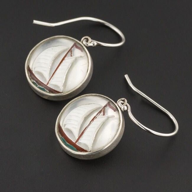 14k White Gold & Silver Sailboat Earrings | Vintage Cufflink Conversion Earrings - Trademark Antiques