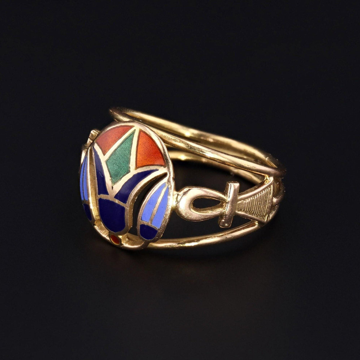 18k Gold Egyptian Ring | Antique Gold &amp; Enamel Lotus Flower and Ankh Ring - Trademark Antiques