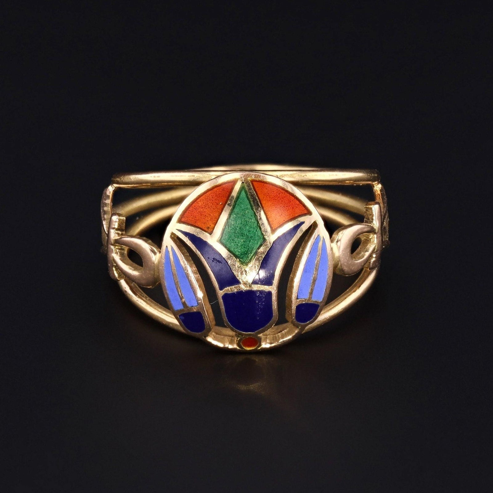 18k Gold Egyptian Ring | Antique Gold & Enamel Lotus Flower and Ankh Ring - Trademark Antiques