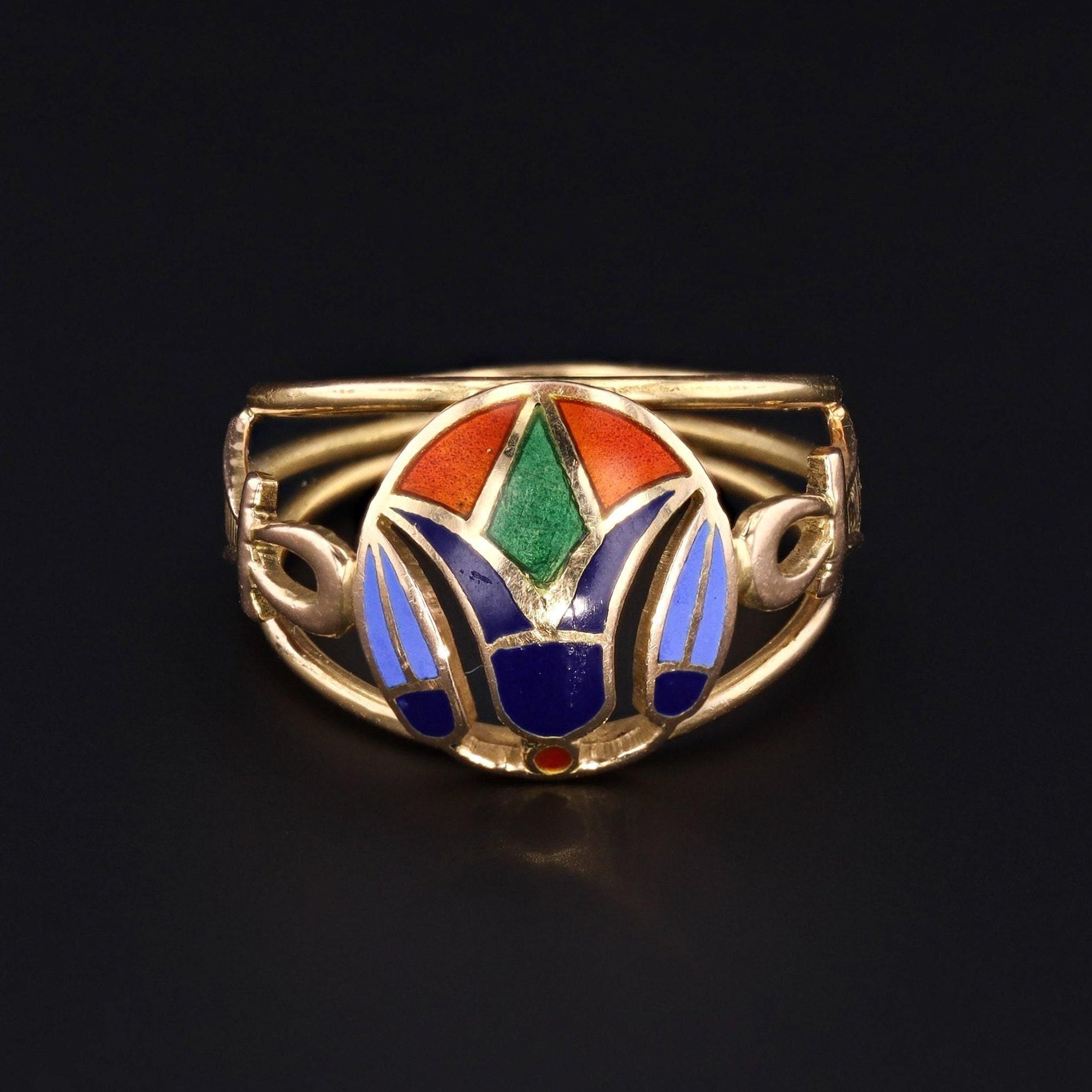 18k Gold Egyptian Ring | Antique Gold & Enamel Lotus Flower and Ankh Ring - Trademark Antiques