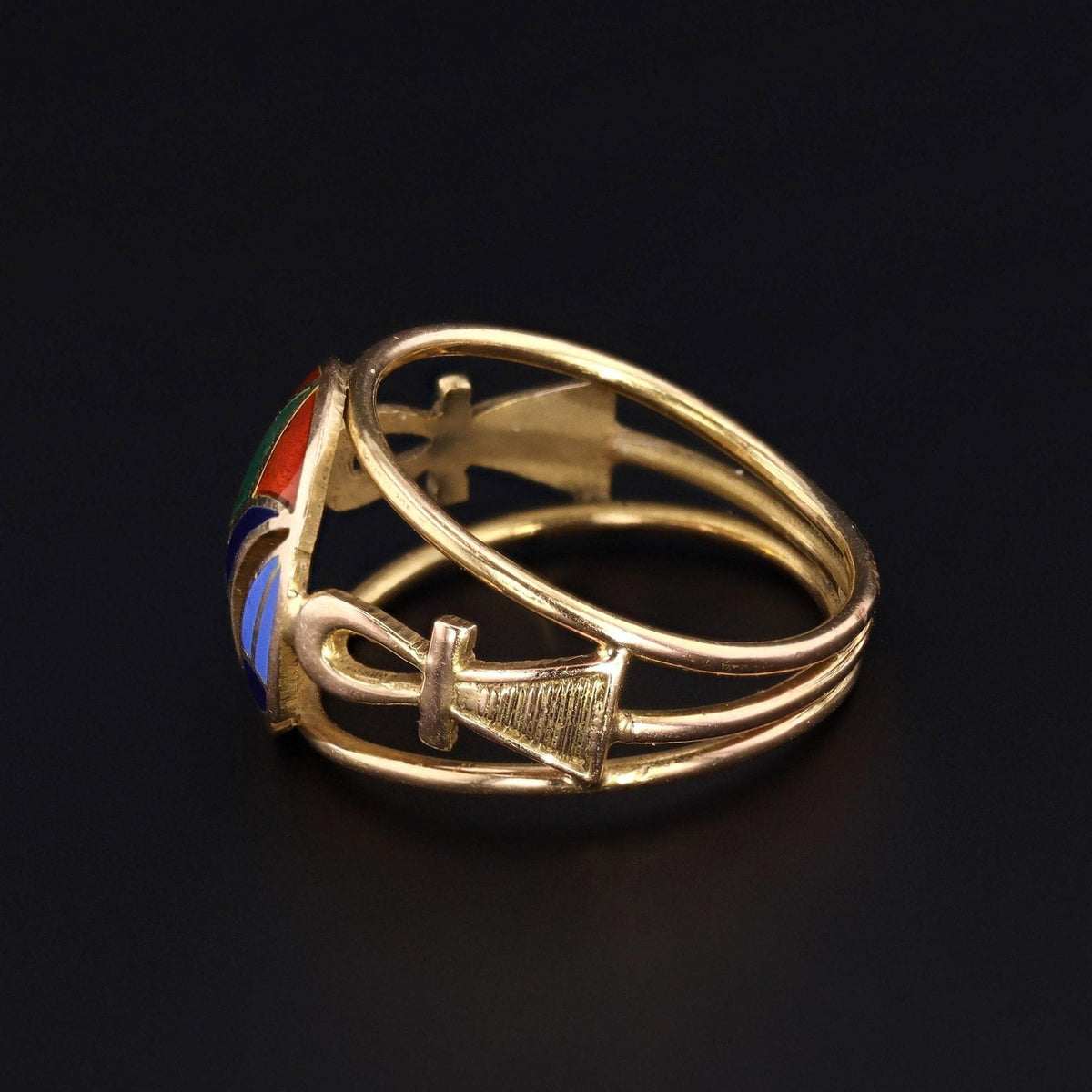 18k Gold Egyptian Ring | Antique Gold &amp; Enamel Lotus Flower and Ankh Ring - Trademark Antiques