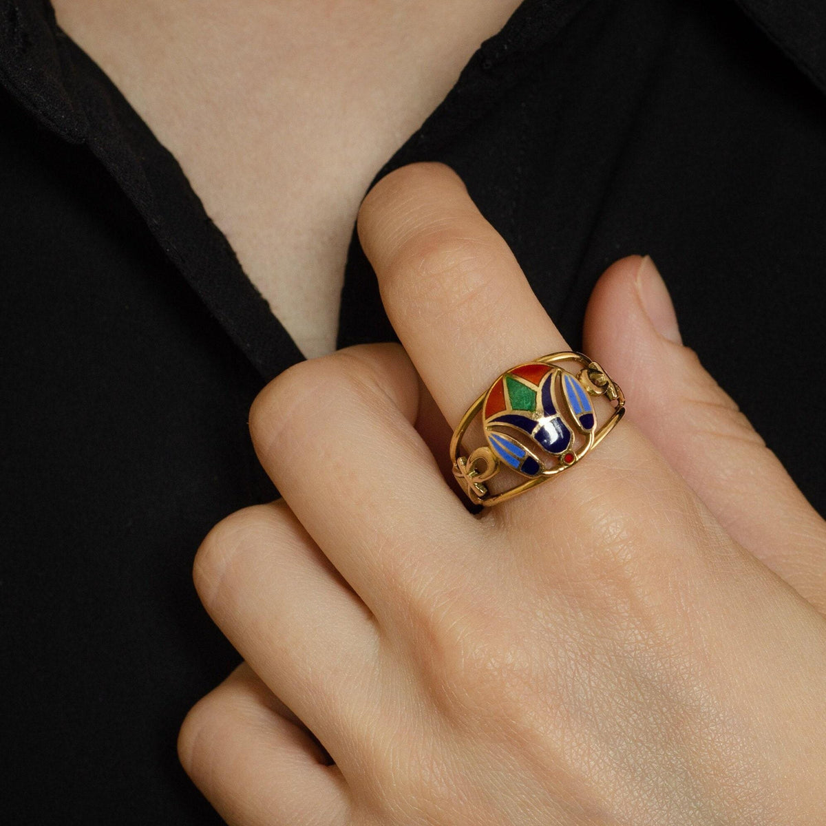 18k Gold Egyptian Ring | Antique Gold &amp; Enamel Lotus Flower and Ankh Ring - Trademark Antiques
