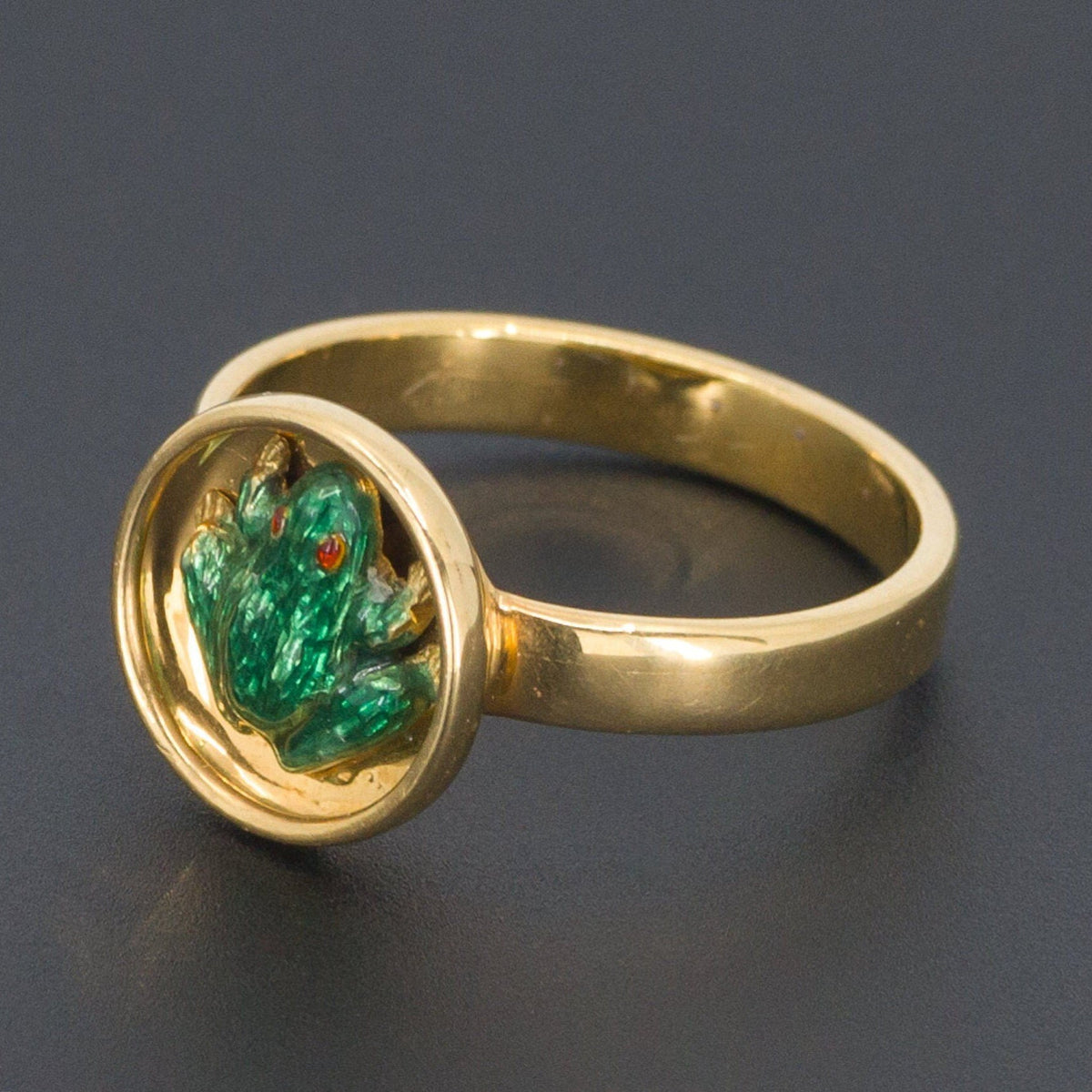 18k Gold Frog Ring | Green Enamel Frog Ring - Trademark Antiques