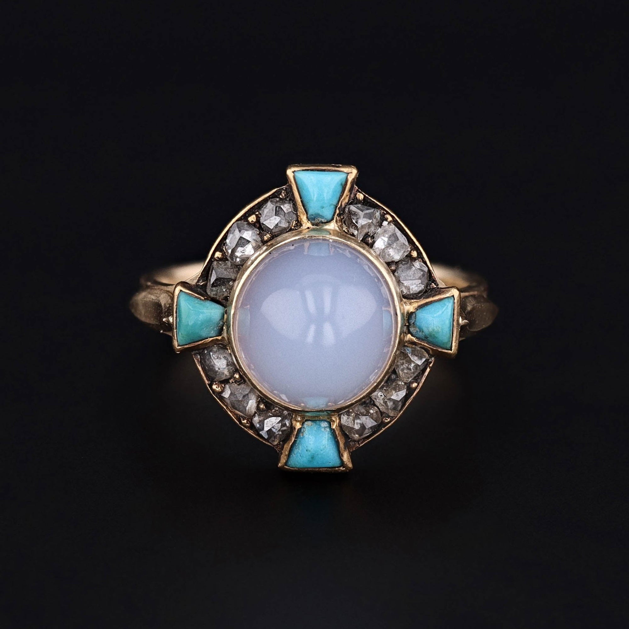 Antique Chalcedony Turquoise and Diamond Conversion Ring of 14k Gold