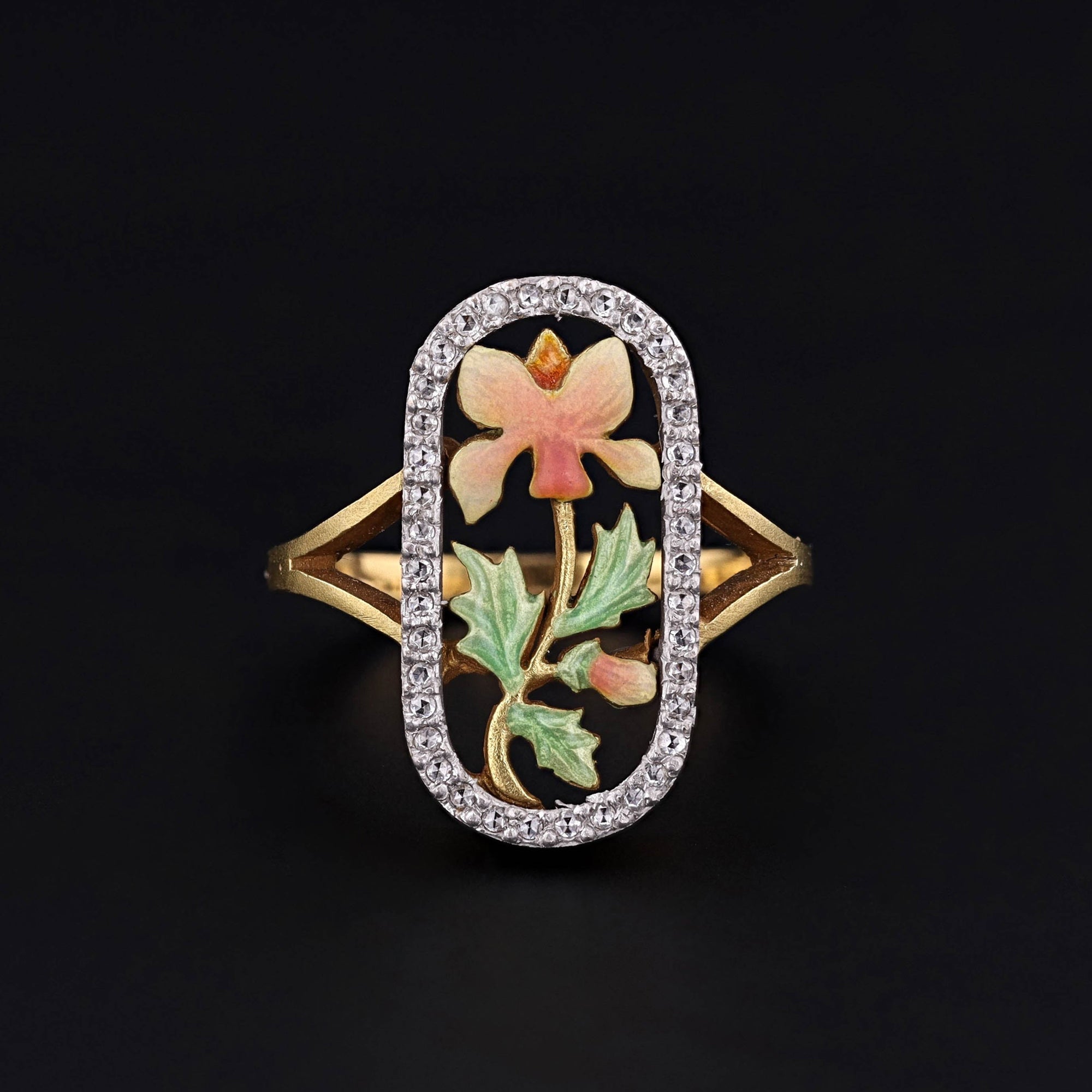 Art Nouveau Style Enamel and Diamond Iris Ring of 18k Gold