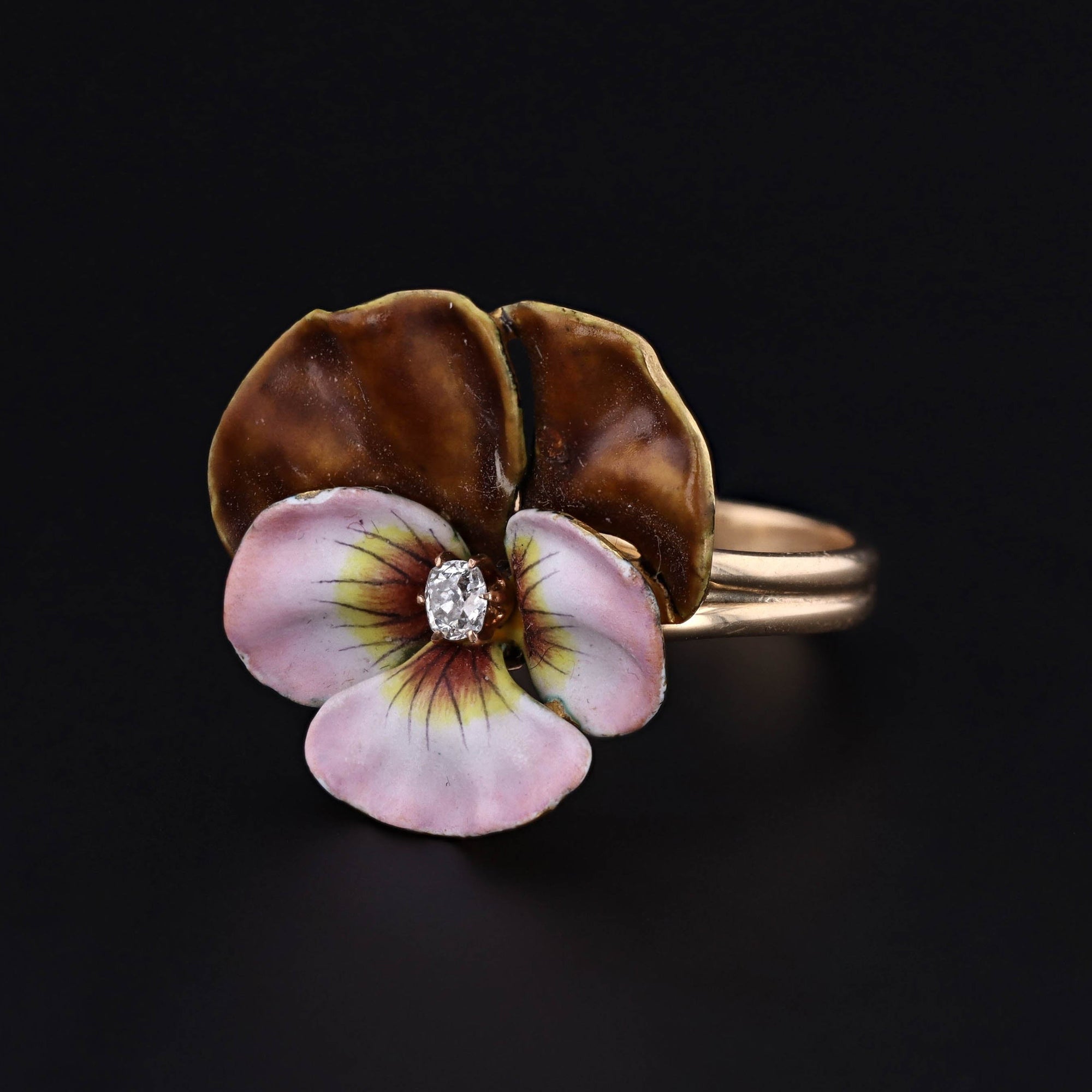 Antique Enamel Pansy Conversion Ring of 14k Gold