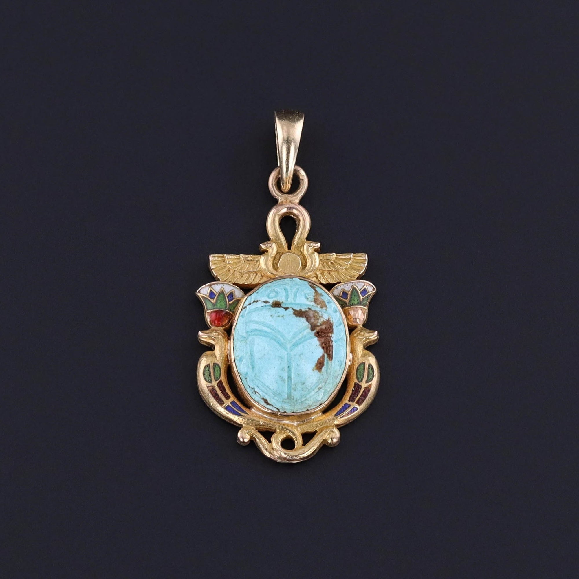 Antique Turquoise Egyptian Revival Pendant of 14k Gold