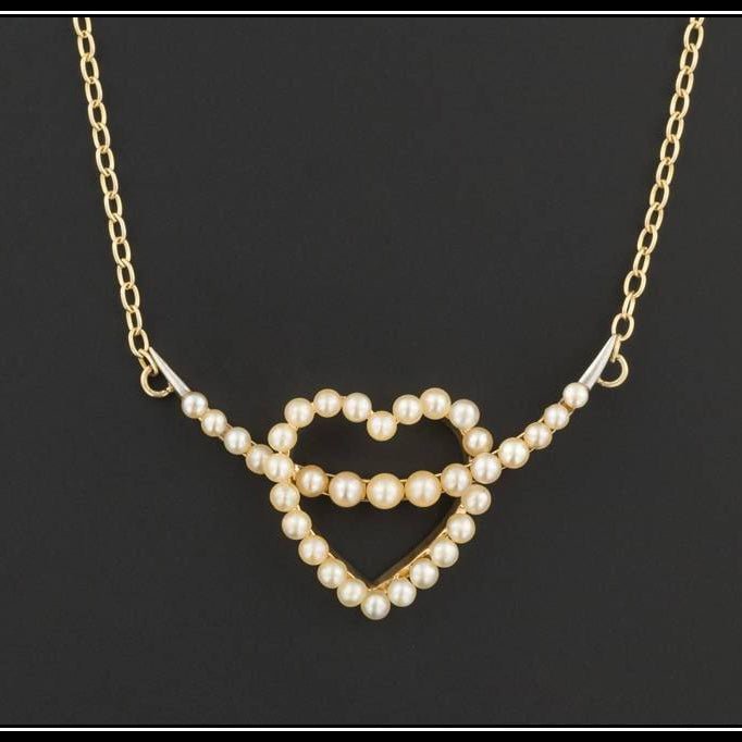 9ct Gold Pearl Heart Necklace | Antique Pin Conversion Necklace - Trademark Antiques