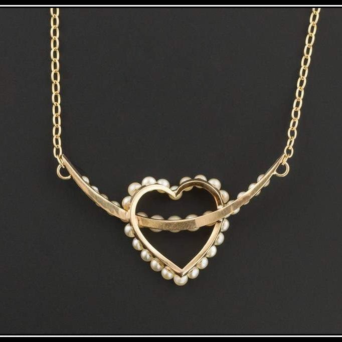 9ct Gold Pearl Heart Necklace | Antique Pin Conversion Necklace - Trademark Antiques