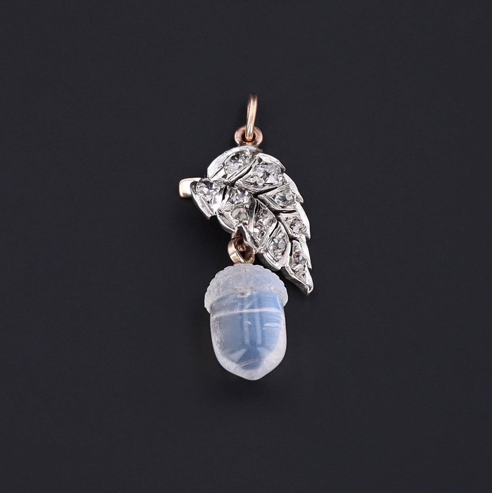Acorn Pendant | 14k Gold, Silver, Moonstone & Diamond Pendant - Trademark Antiques