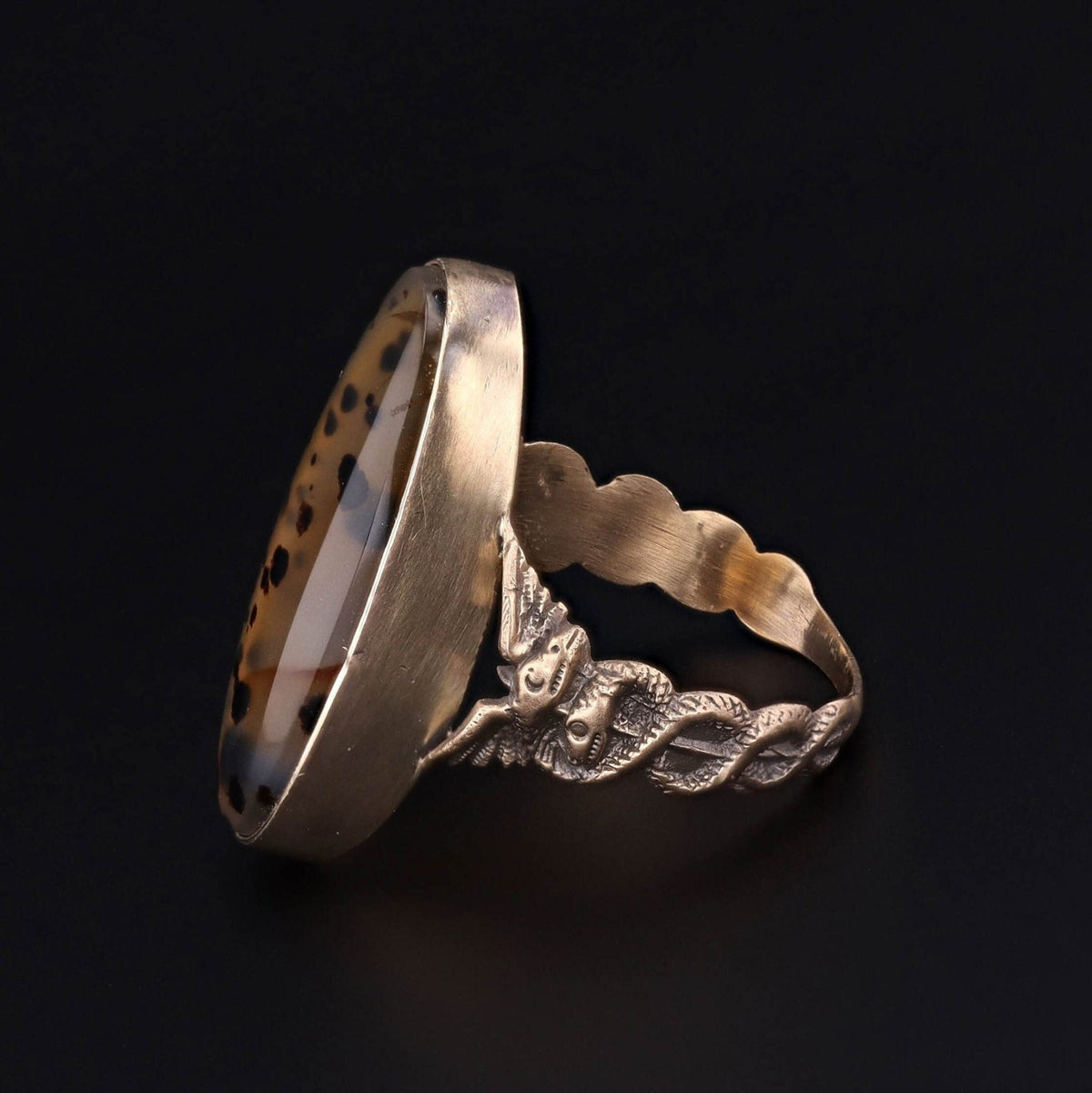 Agate Caduceus Ring of 14k Gold Antique Reproduction - Trademark Antiques