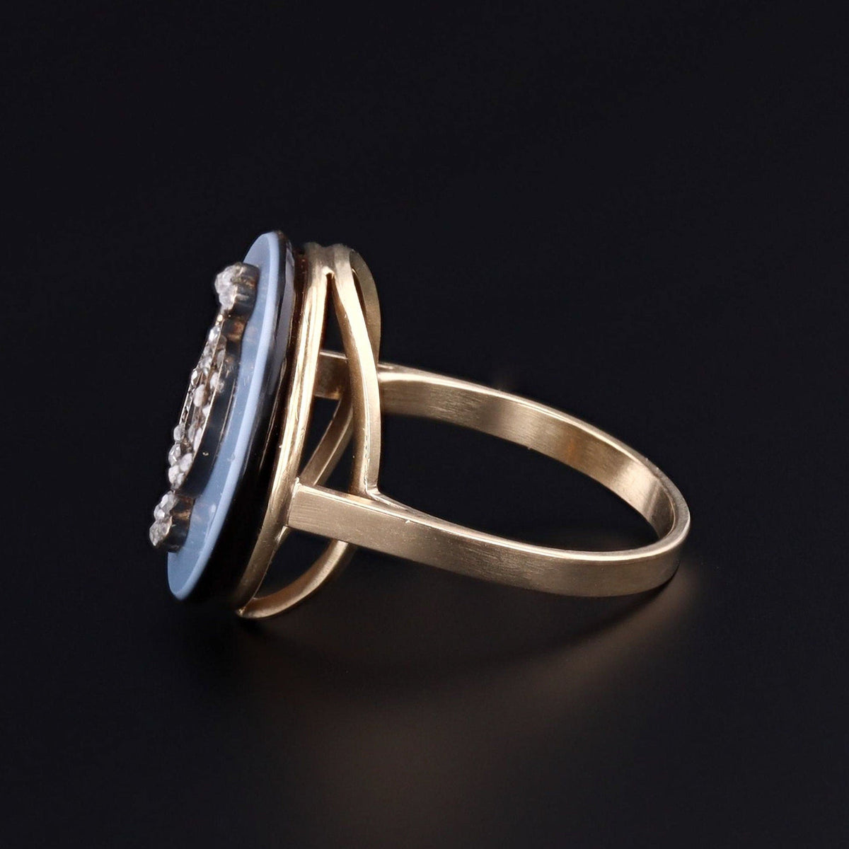 Agate &amp; Diamond Ring | Black and White Agate and Rosecut Diamond Ring - Trademark Antiques
