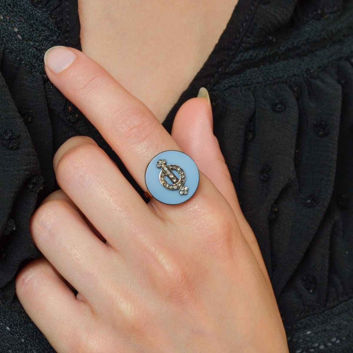 Agate &amp; Diamond Ring | Black and White Agate and Rosecut Diamond Ring - Trademark Antiques