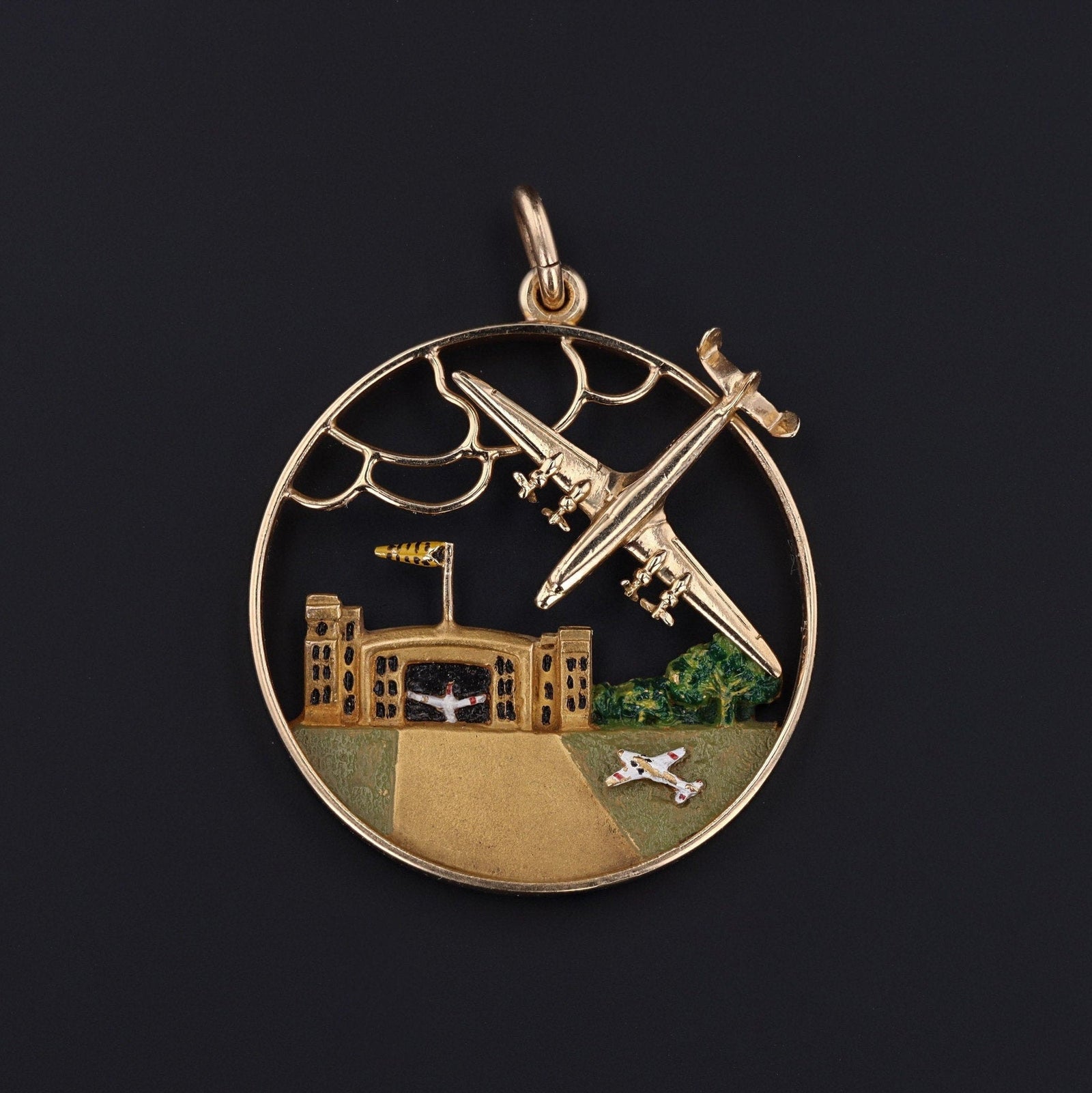 Airport Pendant | 14k Gold and Enamel Airport Pendant by Sloan & Co. - Trademark Antiques