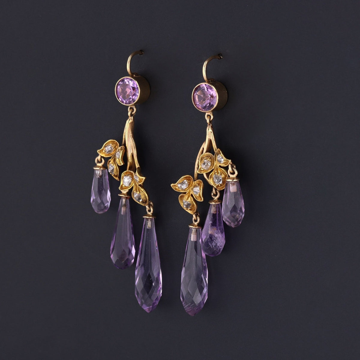 Amethyst Briolette Earrings | Amethyst &amp; Diamond Dangle Earrings - Trademark Antiques