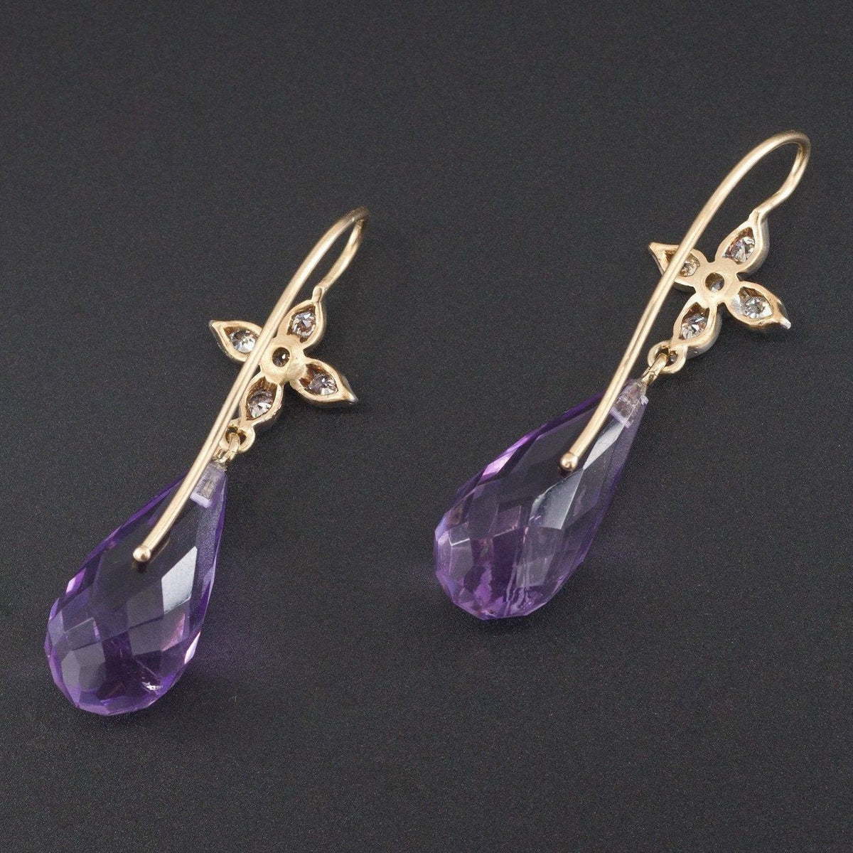 Amethyst Briolette Earrings | Amethyst &amp; Diamond Dangle Earrings - Trademark Antiques