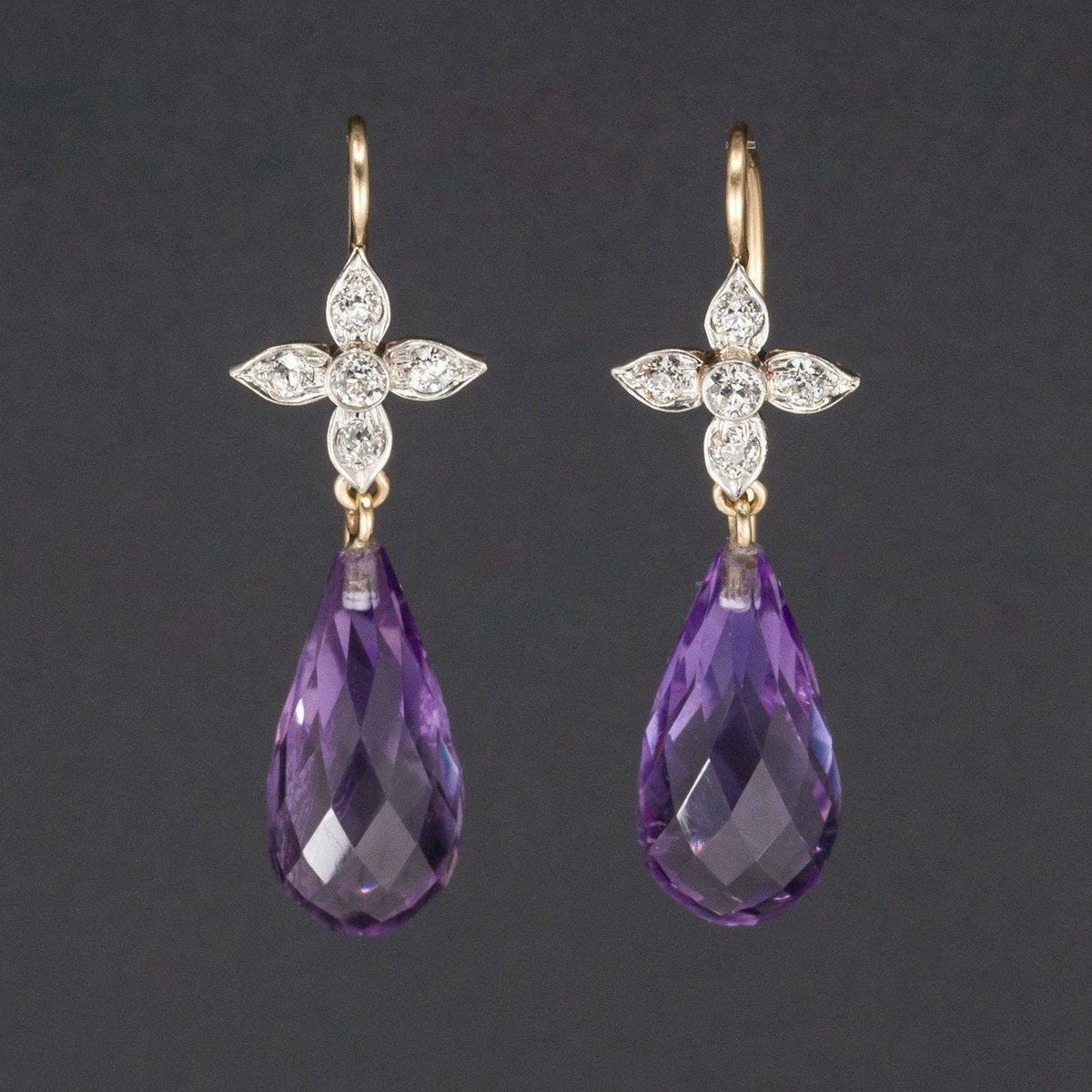 Amethyst Briolette Earrings | Amethyst &amp; Diamond Dangle Earrings - Trademark Antiques
