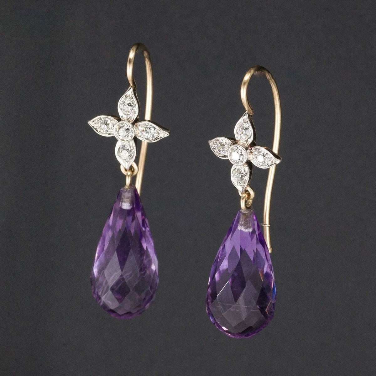 Amethyst Briolette Earrings | Amethyst &amp; Diamond Dangle Earrings - Trademark Antiques