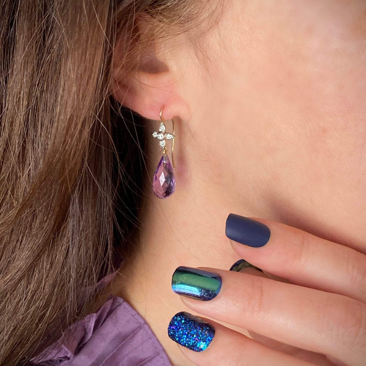 Amethyst Briolette Earrings | Amethyst &amp; Diamond Dangle Earrings - Trademark Antiques