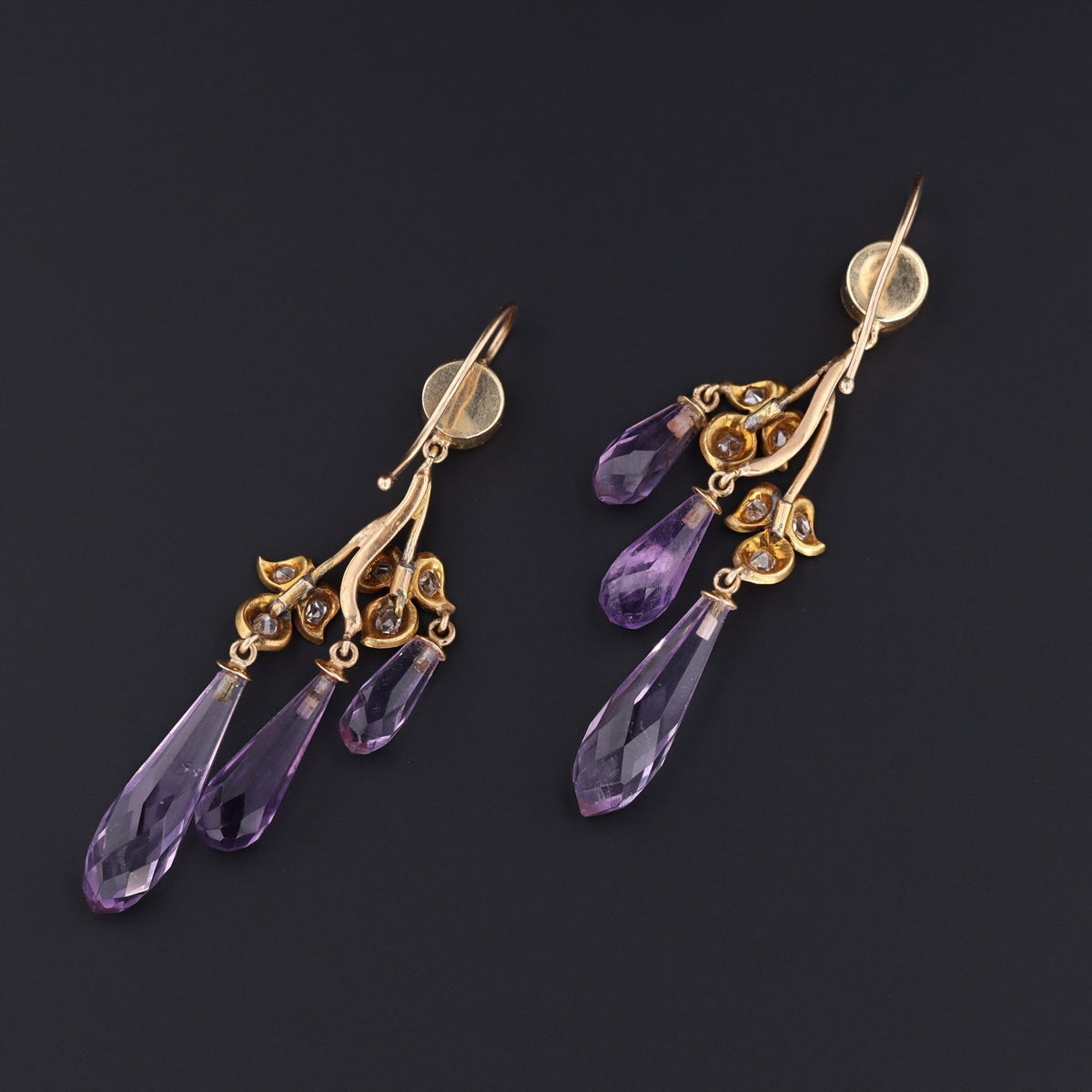 Amethyst Briolette Earrings | Amethyst &amp; Diamond Dangle Earrings - Trademark Antiques