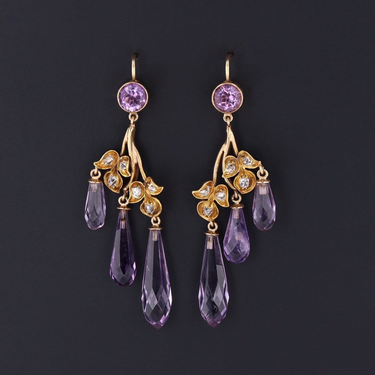 Amethyst Briolette Earrings | Amethyst &amp; Diamond Dangle Earrings - Trademark Antiques