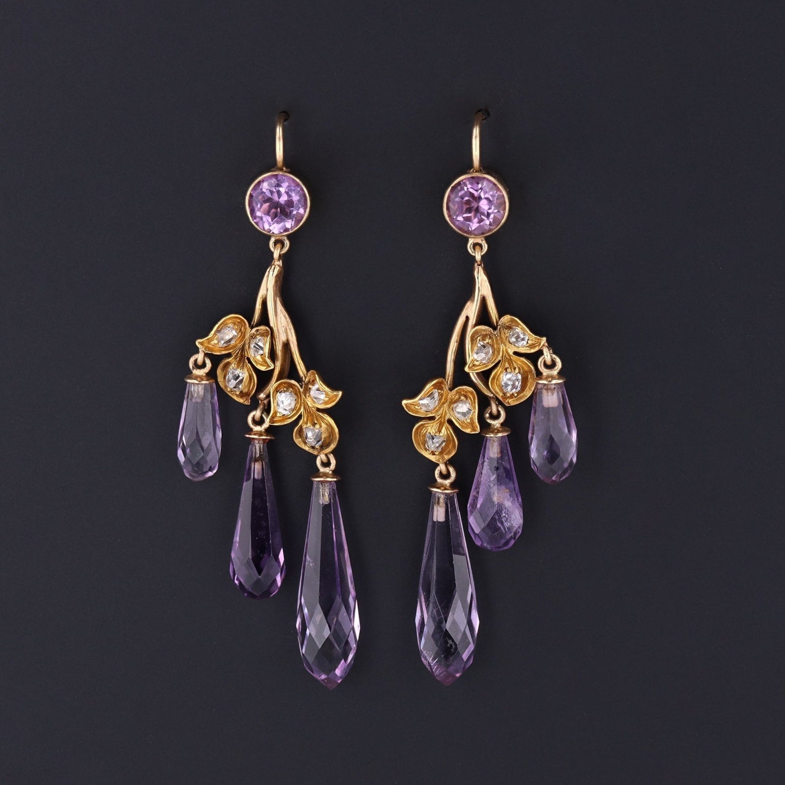 Amethyst Briolette Earrings | Amethyst & Diamond Dangle Earrings - Trademark Antiques