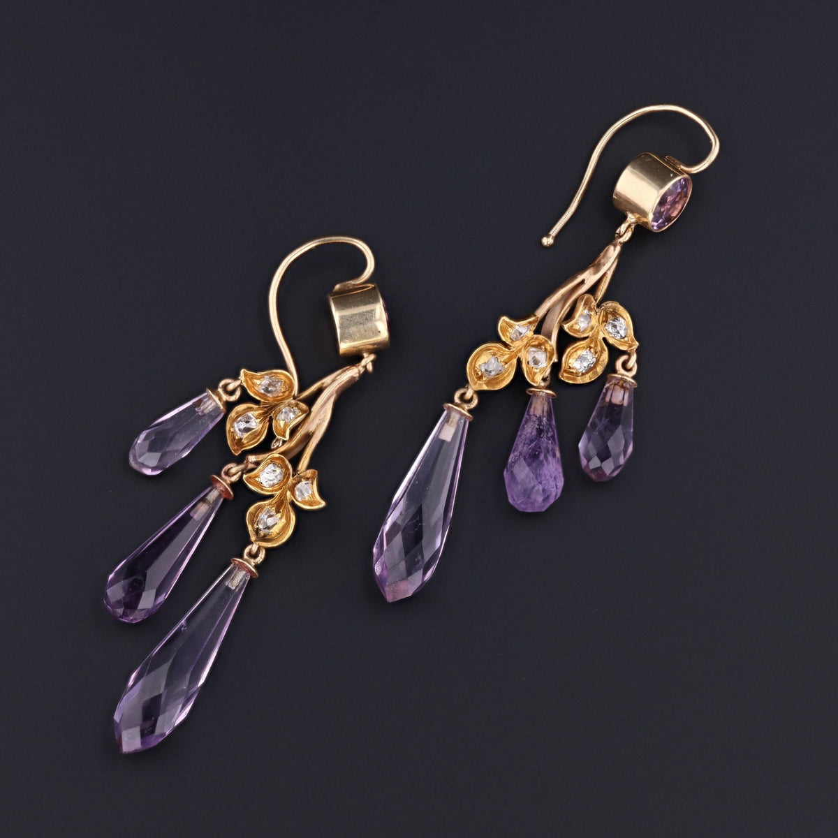 Amethyst Briolette Earrings | Amethyst &amp; Diamond Dangle Earrings - Trademark Antiques