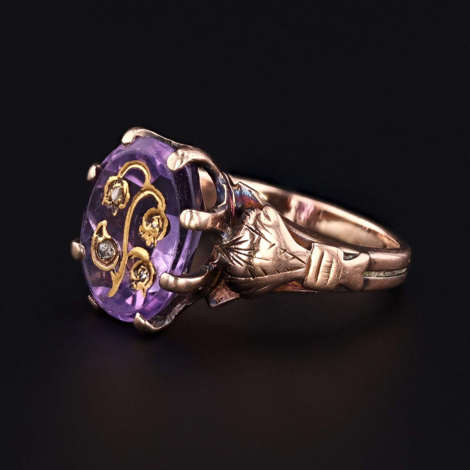 Amethyst & Diamond Flower Ring | Amethyst Ring - Trademark Antiques