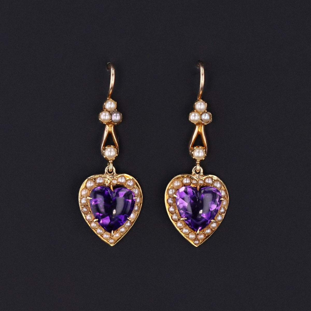 Amethyst Heart Earrings | Amethyst &amp; Pearl Dangle Earrings - Trademark Antiques