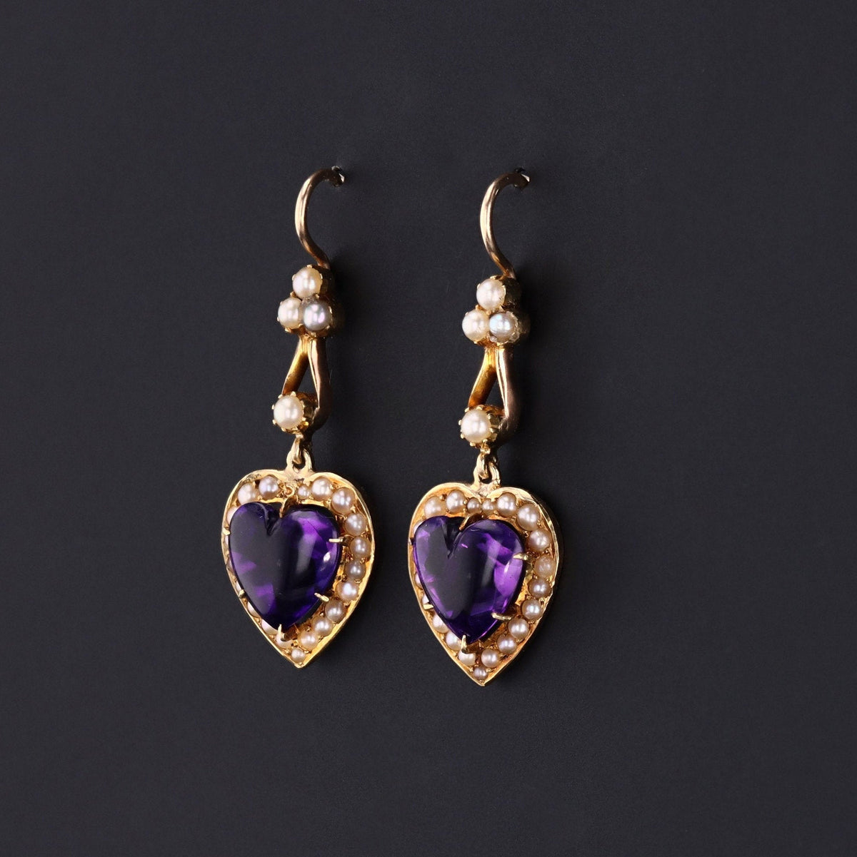 Amethyst Heart Earrings | Amethyst &amp; Pearl Dangle Earrings - Trademark Antiques