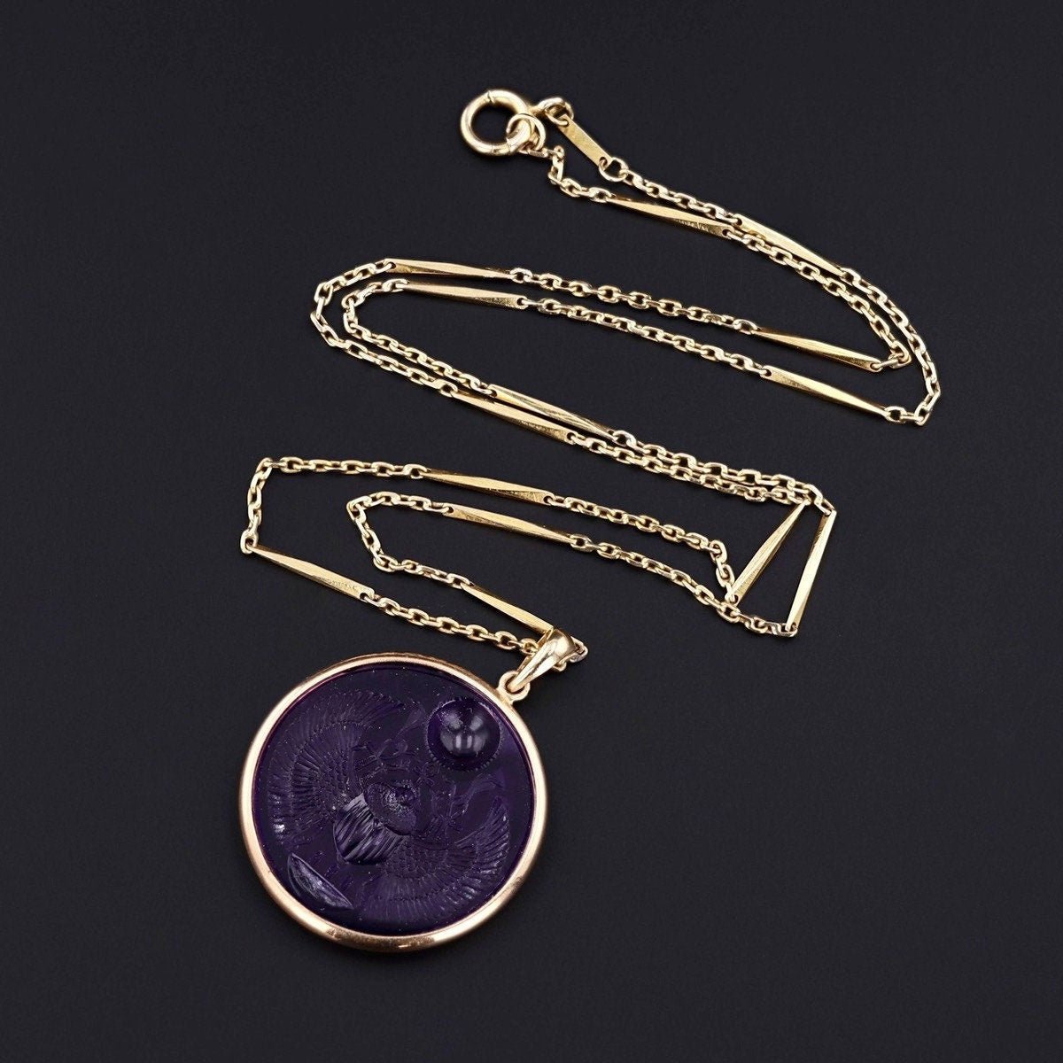 Amethyst Intaglio Scarab Pendant of 14k Gold - Trademark Antiques
