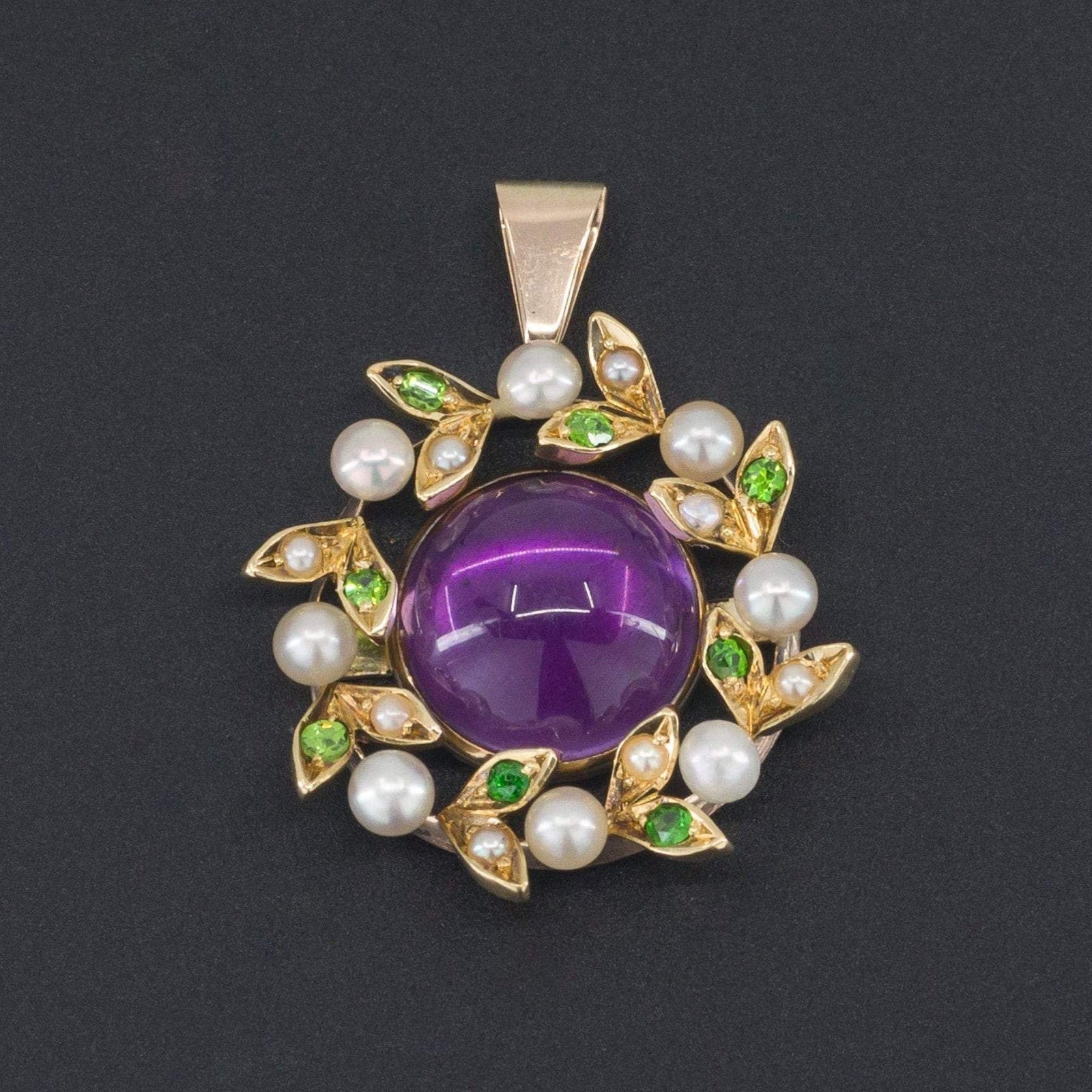 Amethyst Pendant | 14k Gold Amethyst Demantoid Garnet & Pearl Pendant - Trademark Antiques