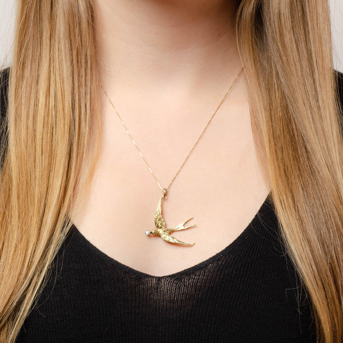 Antique 14k Gold and Diamond Swallow Bird Pendant on Optional 14k Gold Necklace - Trademark Antiques