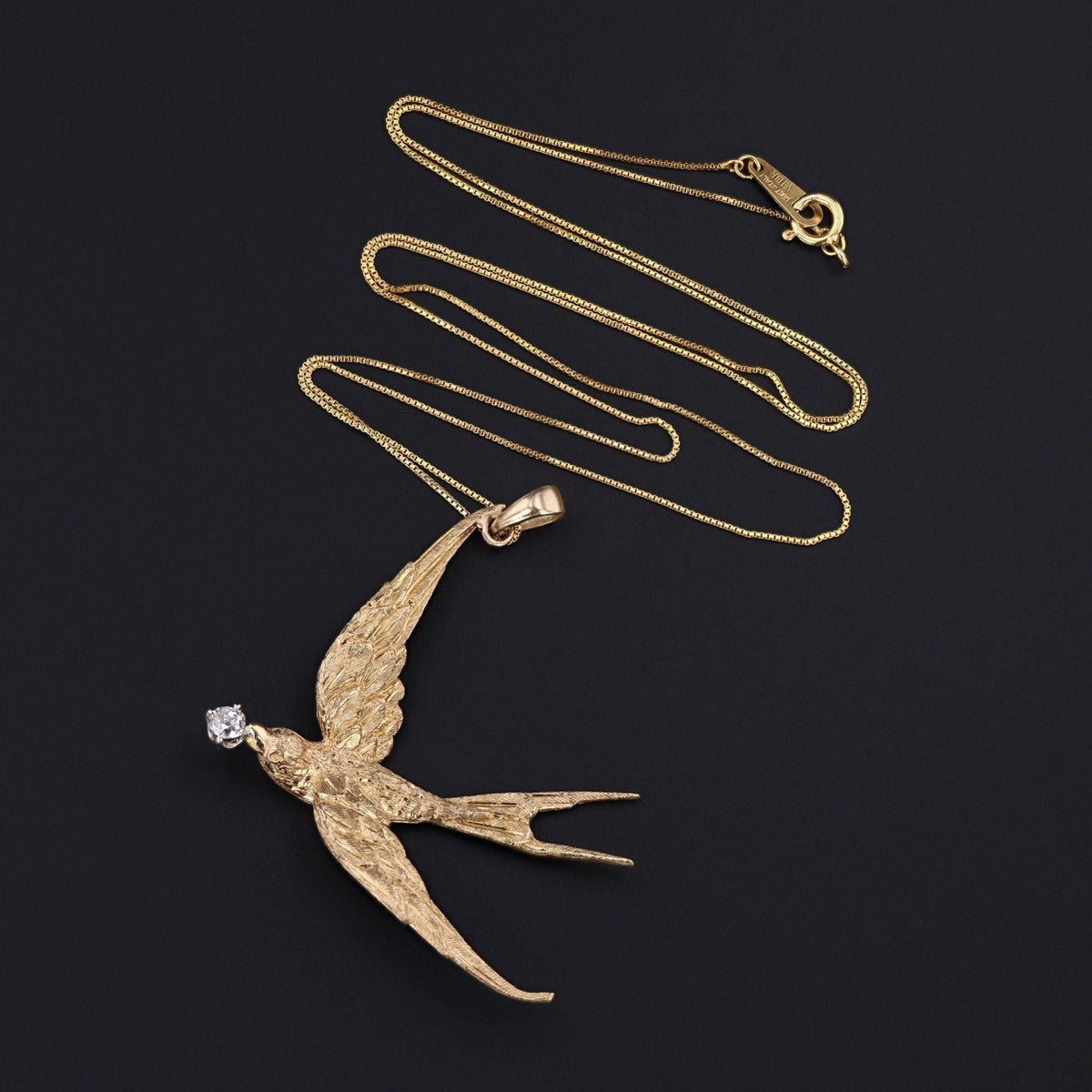 Antique 14k Gold and Diamond Swallow Bird Pendant on Optional 14k Gold Necklace - Trademark Antiques