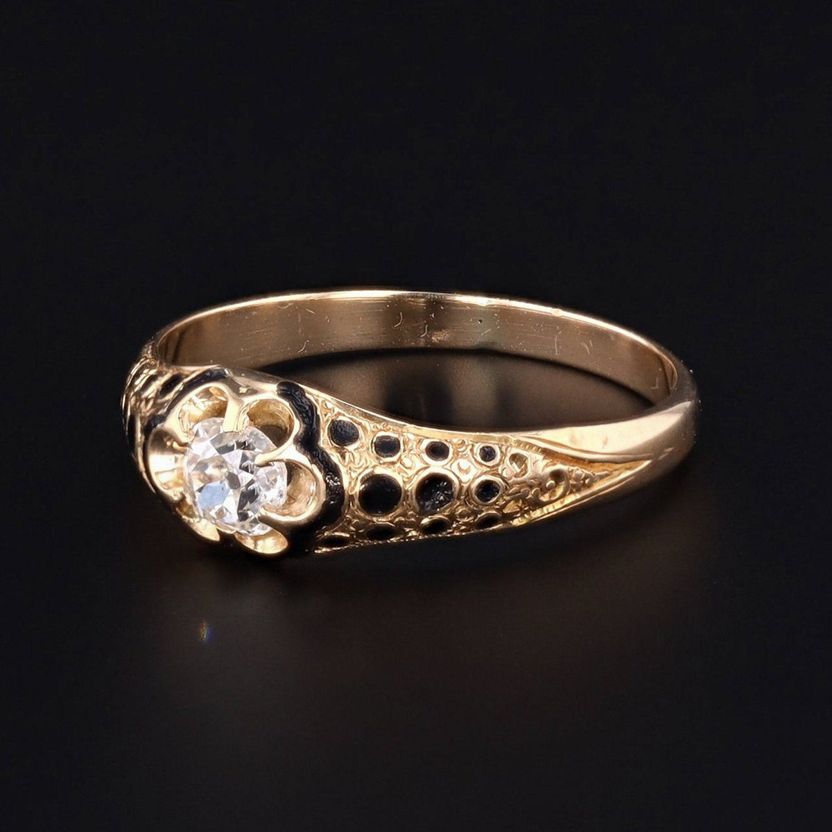Antique 18k Gold &amp; Black Enamel Ring | Black Enamel and Diamond Band - Trademark Antiques